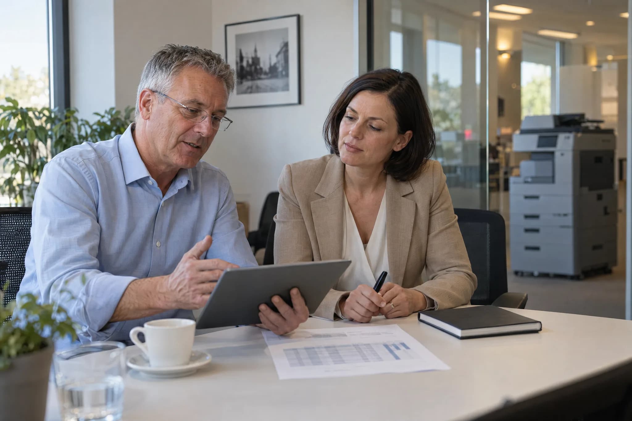 Beratung zu einem Leasingvertrag am Besprechungstisch eines Kunden