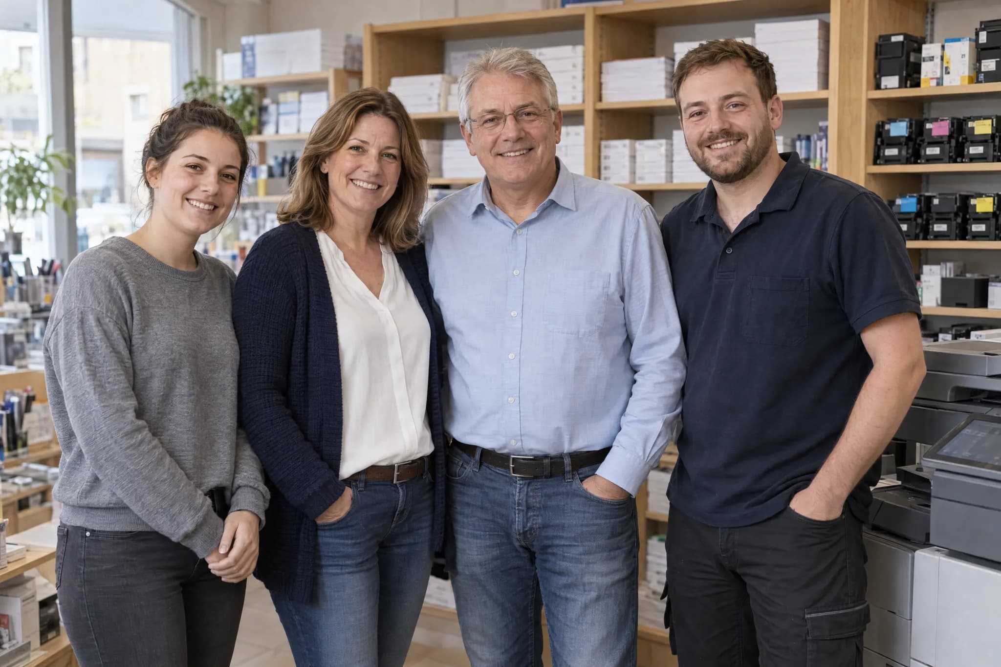 Das Team im Laden zwischen Regalen mit Papier und Toner