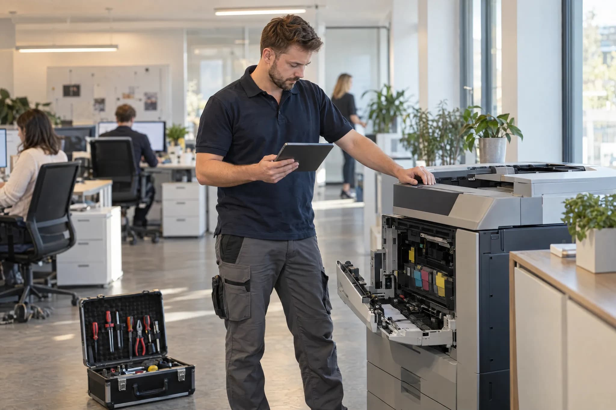 Servicetechniker prüft am Tablet ein geöffnetes Multifunktionsgerät in einem Büro