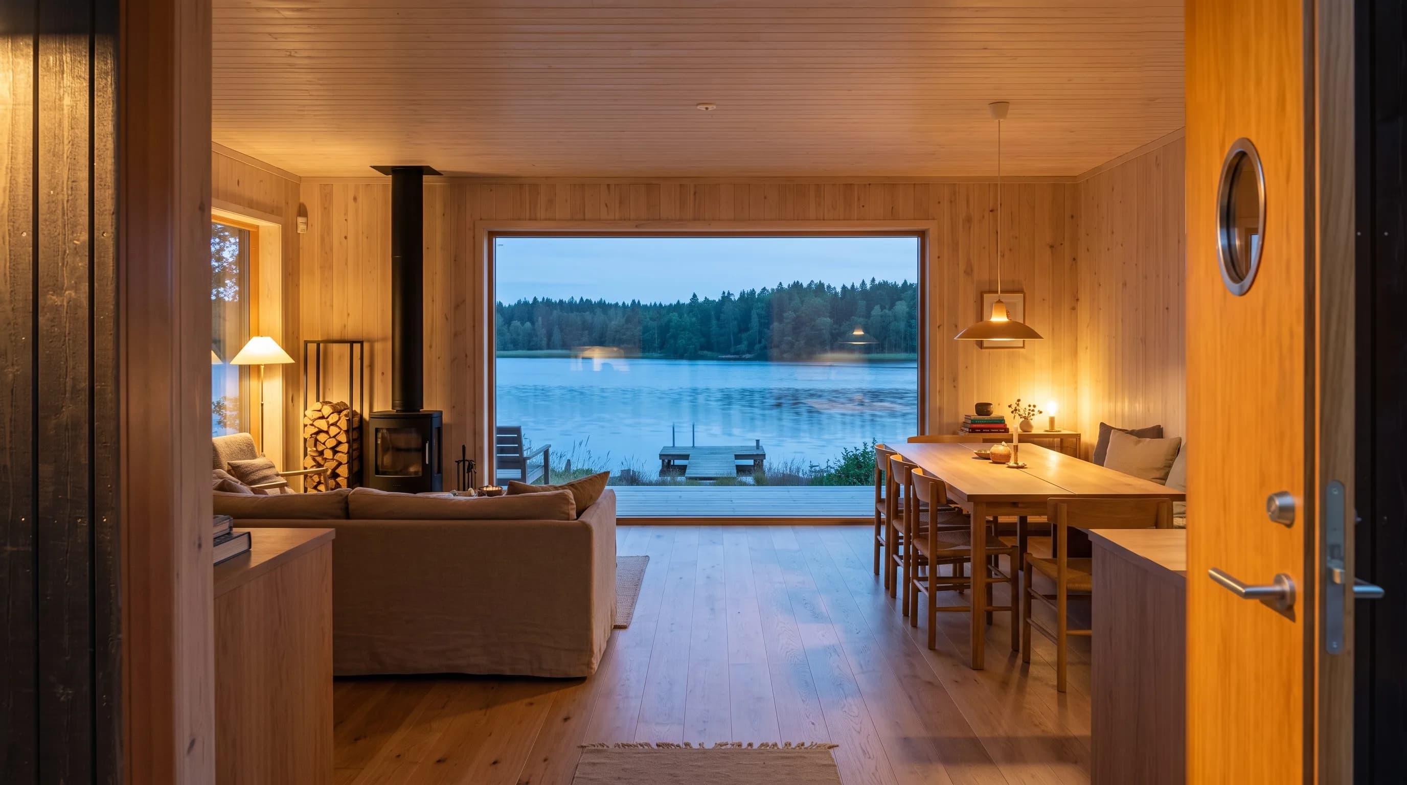 Wohnraum mit Kaminofen, Sofa, Esstisch und großem Fenster zum See
