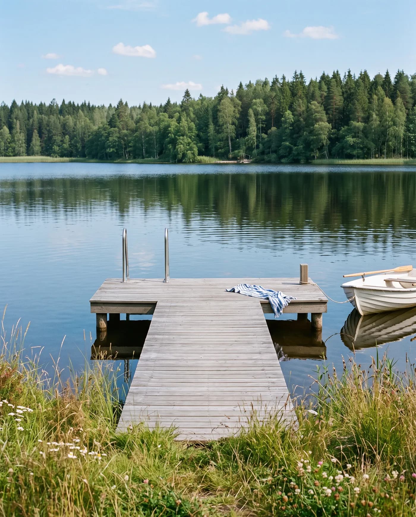 Holzsteg mit Badeleiter und Ruderboot am See
