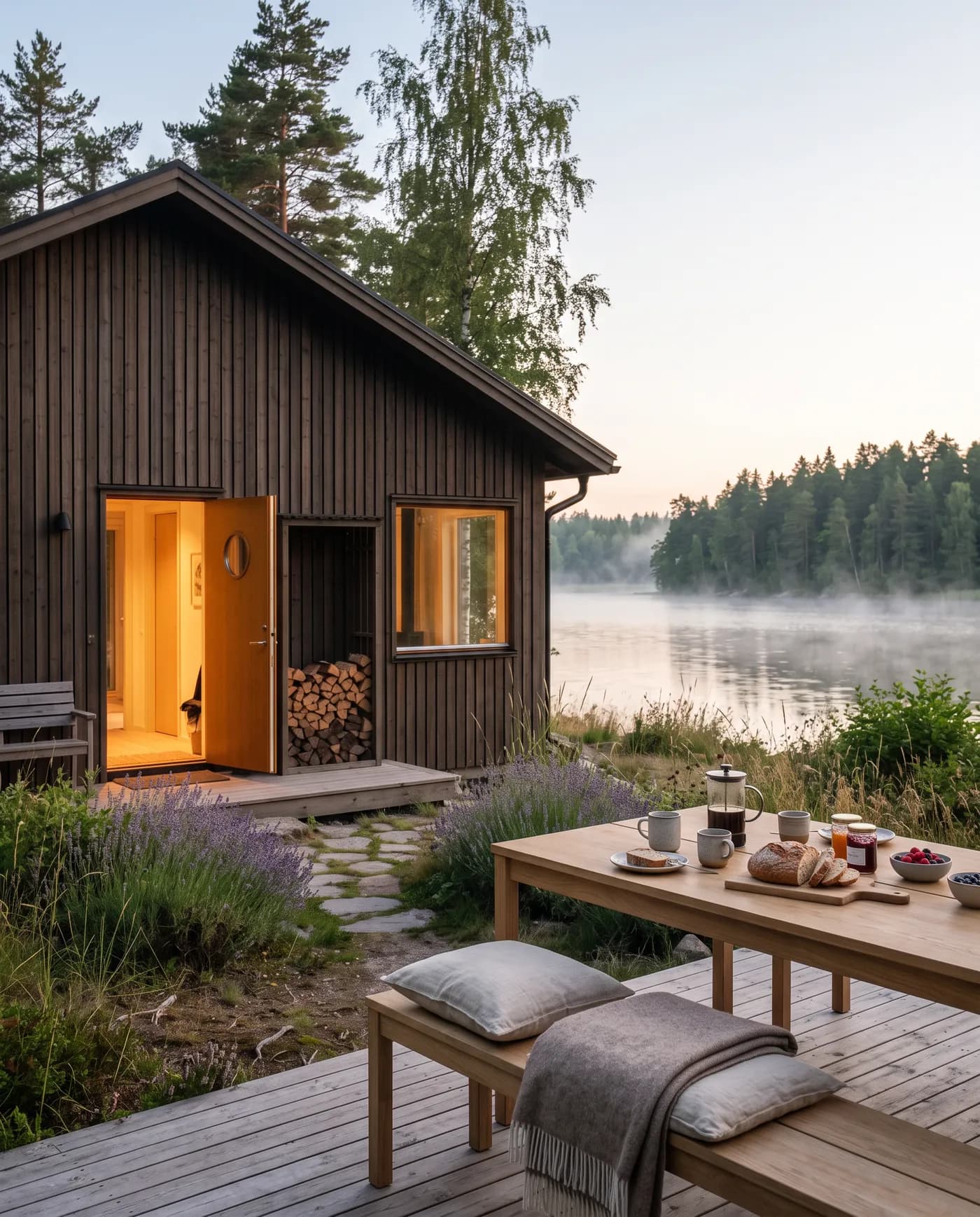 Gedeckter Frühstückstisch auf der Holzterrasse, dahinter der See im Morgennebel
