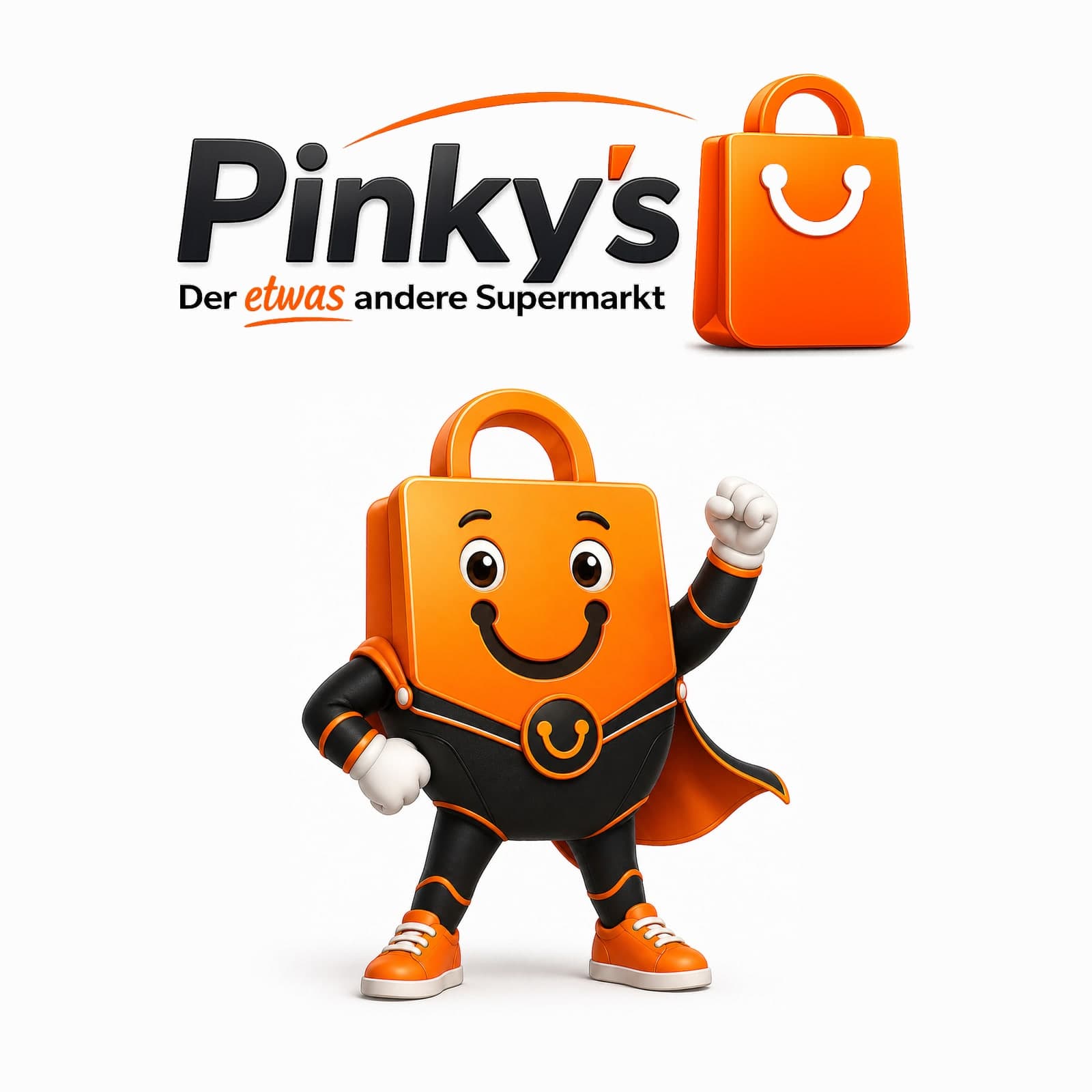 Logo von Pinky’s Supermarkt mit orangefarbener Einkaufstasche, darunter das Maskottchen als lachende Tasche mit Umhang