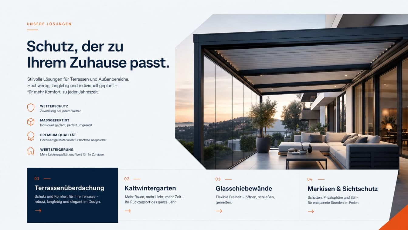 Website-Abschnitt für Terrassenüberdachungen: Überschrift „Schutz, der zu Ihrem Zuhause passt“ und vier Leistungen neben dem Foto einer überdachten Terrasse