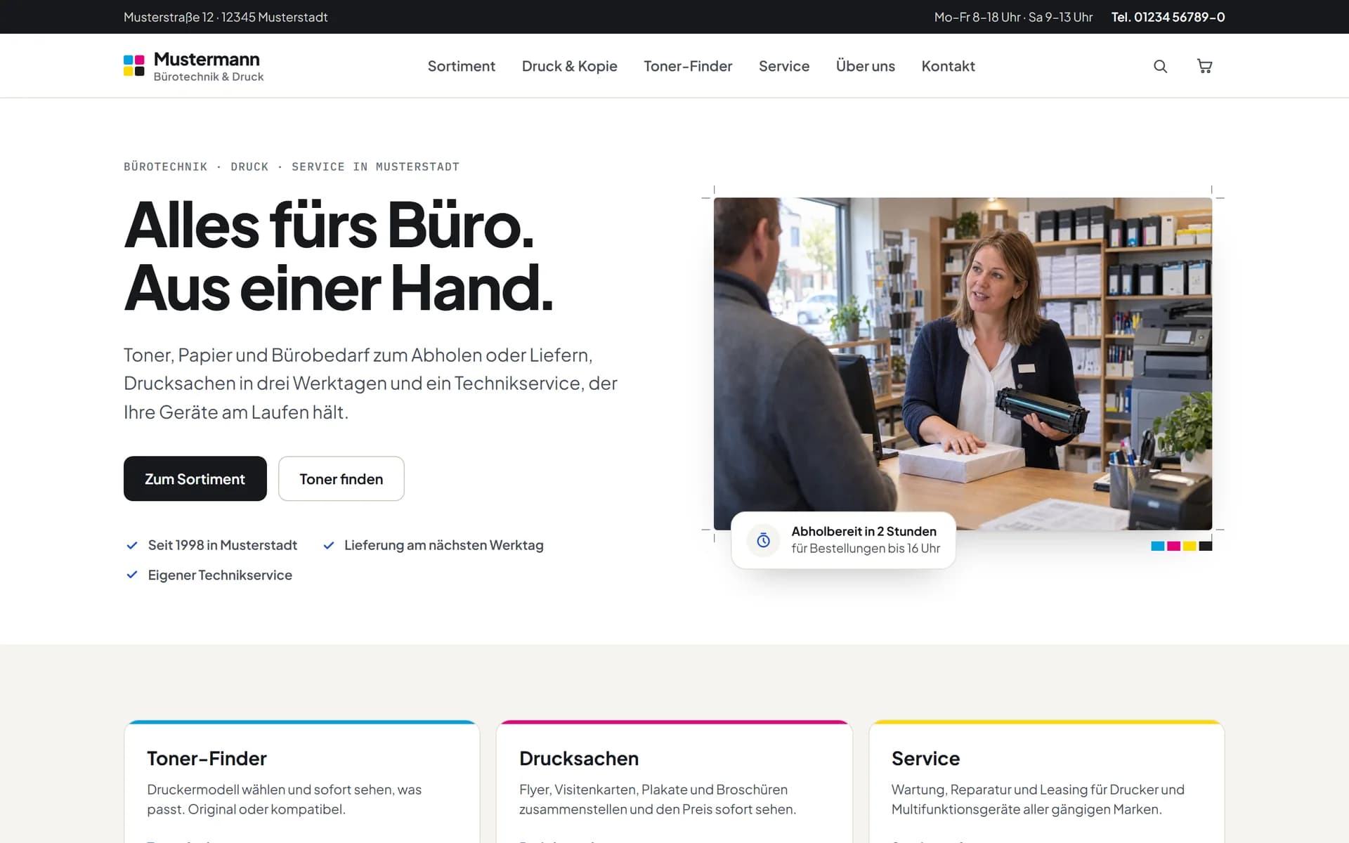 Startseite des Musters Mustermann Bürotechnik & Druck