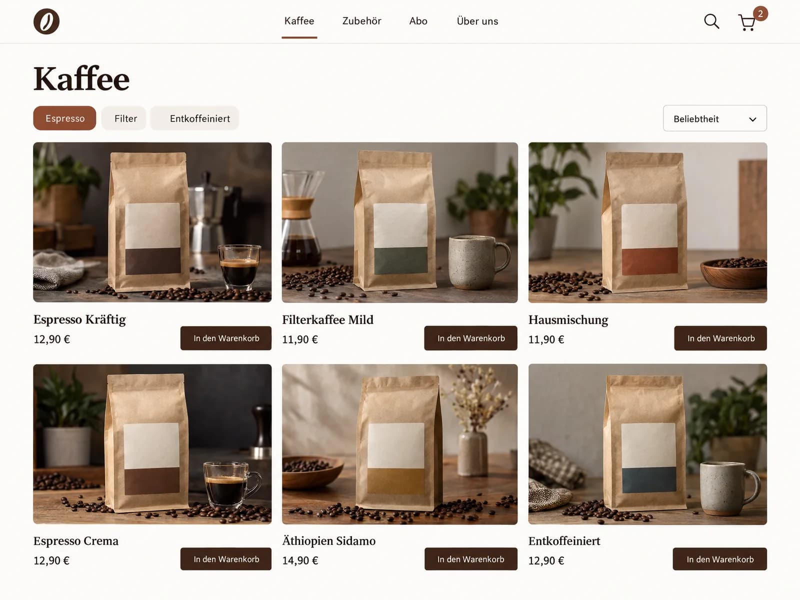 Beispielhafte Ansicht eines Onlineshops für eine kleine Kaffeerösterei