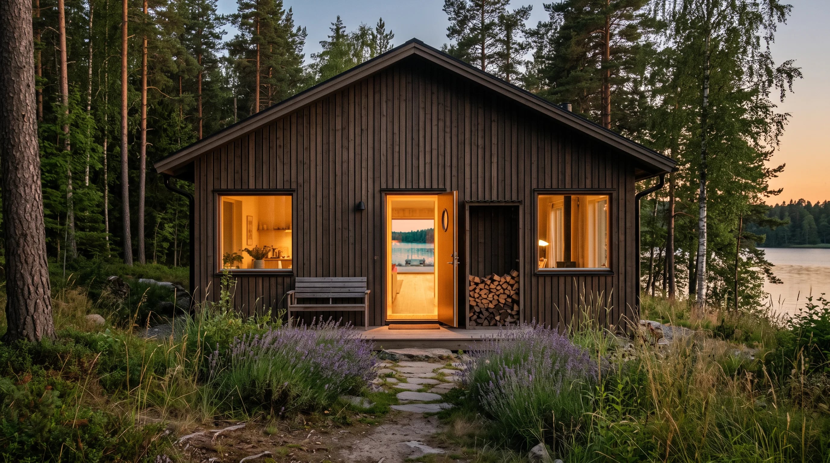 Dunkles Holzhaus am Waldrand im Abendlicht, durch die offene Haustür sieht man bis zum See